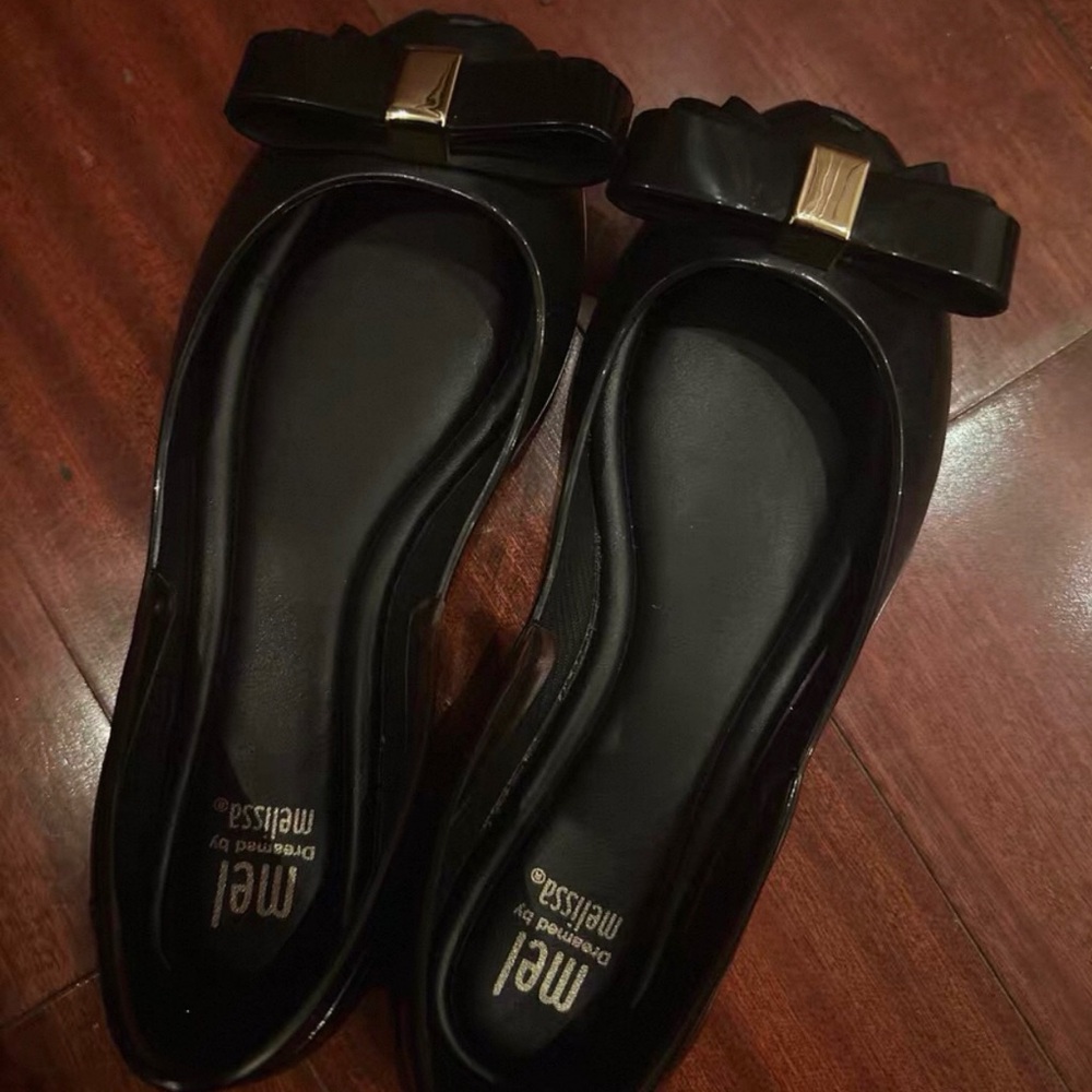 Melissa Black Flats with Bow Accent
